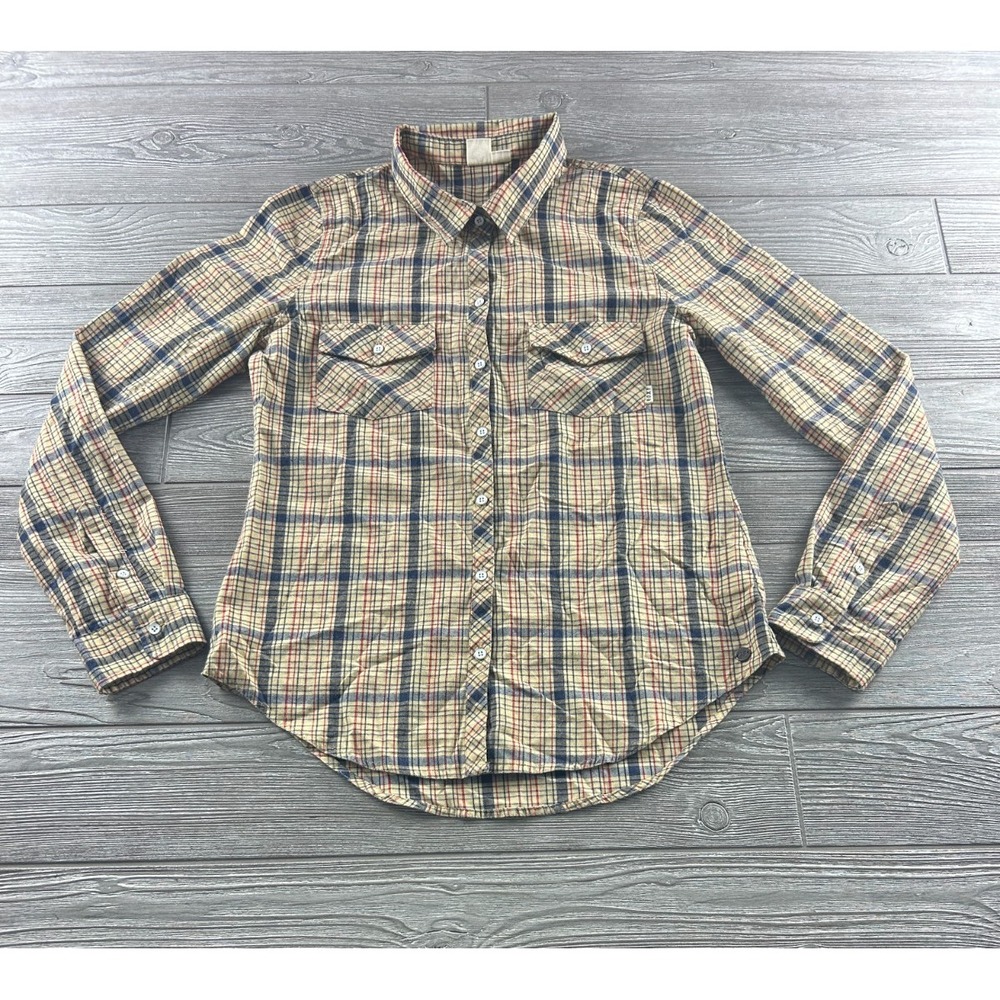 Womens Roxy Flannel Beige Plaid Long Sleeve Top Button Up 2 Pockets Small